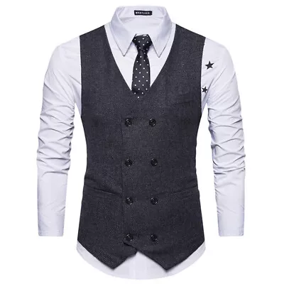 Buy Mens Classic Waistcoat Jacket Slim Fit Formal Vest Herringbone Tweed Coat • 14.35£
