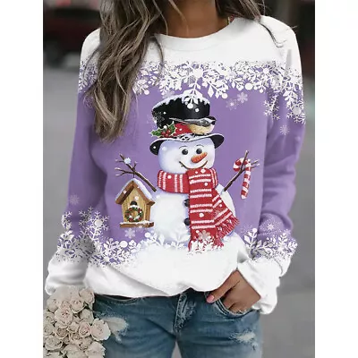 Buy Women Christmas Snowman Print Sweater Pullover Jumper Sweatshirt Xmas Tops • 19.07£