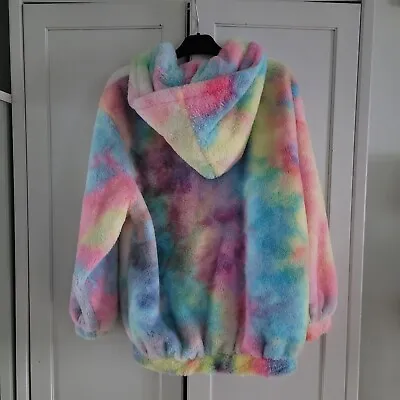 Buy Rainbow Hooded Teddy Faur Fur Fluffy Jacket Hoodie Tie Dye Multicolor Festival • 40£