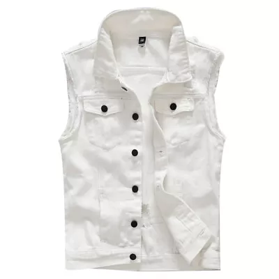 Buy Men’S Casual Denim Vest Jean Waistcoat Sleeveless Vintage Casual Ripped Jacket • 17.99£