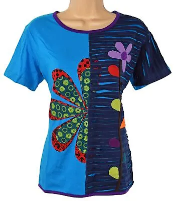 Buy New Fair Trade Flower Cut Cotton T-Shirt Top 12 14 16 18 20  22 24 26 28 30 Boho • 23.09£