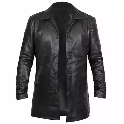 Buy Mens Black Classic Genuine Cowhide Leather Blazer Five Buttons Jacket Hip Length • 25.11£