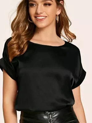 Buy Black Shiny Satin Rolled Cuff Top. Up To 43  Bust. Brand New Size 14/16 UK • 7.99£