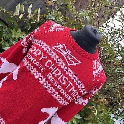 Buy Budweiser Christmas Jumper Red Embroidered Wool Blend Beer Lager Xmas Sweater M • 34.99£