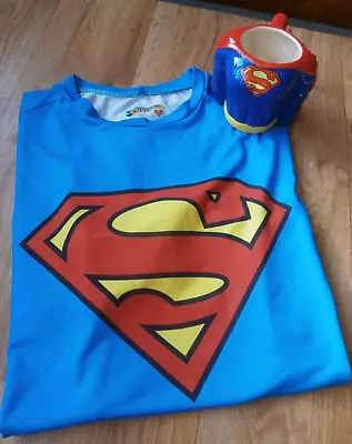 Buy DC Superman Top /T Shirt Silky Stretch Gym Top Fabric Bright Blue Size M +3D MUG • 16£