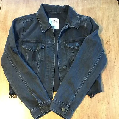 Buy Black Denim Jacket Cropped Frayed Edge Distressed Look HOLLISTER Size M 10/12 • 16£