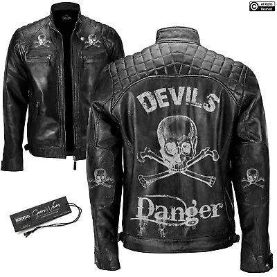 Buy Mens Black Distressed Bikers Motorcycle Cafe Racer Leather Jacket Skull Design • 469.99£
