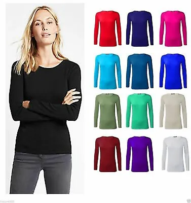 Buy Womens Ladies Long Sleeve Stretch Round Scoop Neck T Shirt Top Assorted 8-26 • 5.42£