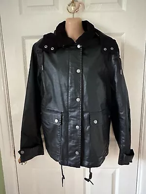 Buy M&s Black Leather Look Jacket - Per Una - Size 12 - Hooded - Rrp: £89 - Bnwt • 40£