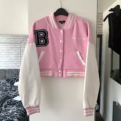 Buy Rising Size S 10 Pit To Pit 18 Inch Pink/White Baseball Style PU Sleeve Jacket • 5£