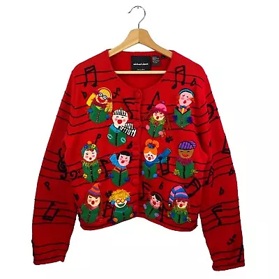 Buy VTG Michael Simon Musical Christmas Singing Carolers AOP Sweater Cardigan Large • 145.96£