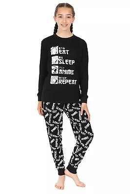 Buy Eat Sleep Anime Long Pyjamas Cotton 7 To 16 Years Black • 11.99£