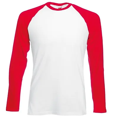 Buy Men LONG SLEEVE BASEBALL T Shirt Fruit Of The Loom Contrast T-Shirt 100% Cotton • 7.89£