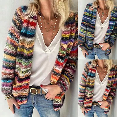Buy Womens Rainbow Knitted Cardigan Open Front Tops Casual Loose Sweater Coat Jacket • 5.89£