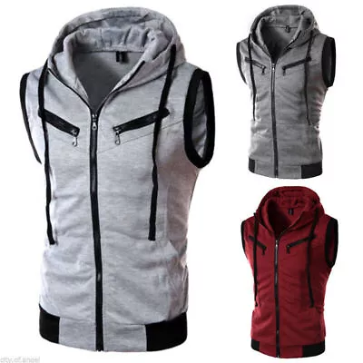 Buy Men Sleeveless Hoodie Sweatshirt Zip Hooded Jacket Coat Vest Tops Waistcoat 2/ • 18.20£