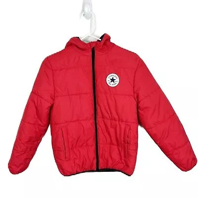 Buy Converse Puffer Jacket Youth Medium Red Black All Star Coat Zip Front Hood Kids • 9.84£