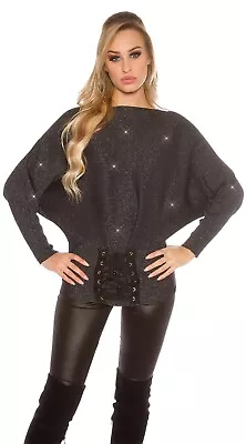 Buy Sexy Dark Blue Batwing Jumper S M Metallic Gold Shimmer Lace Up Hem Winter Party • 24.95£