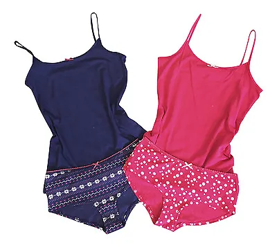 Buy Ladies Navy / Red Cotton Pyjamas Night Wear Cami Vest Top And Knickers Set • 6.99£