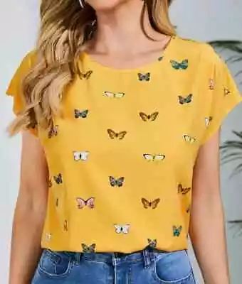Buy Yellow Butterfly Print Cap Sleeve T-shirt. Up To A 42  Bust. New Size 14/16 • 9.99£
