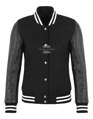 Buy Women's Varsity Letterman Baseball Bomber Biker Wool Real Leather Sleeves Jacket • 79.99£