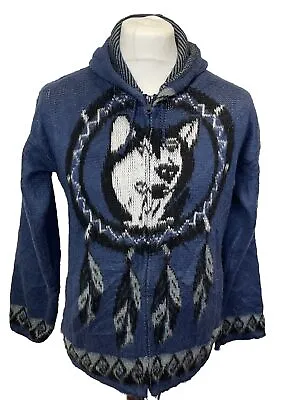 Buy Tejidos Ruminahui Ecuador Blue Wool Wolf Print Native American Style Hoodie S/M • 24.99£