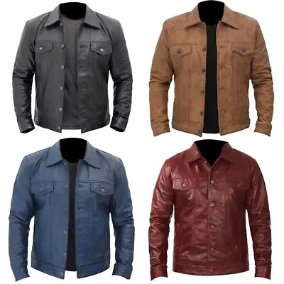 Buy Mens TRUCKER Real Leather Western Jacket Classic Denim Cowboy Style Shirt Jacket • 95.99£