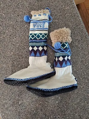 Buy VANS WOMENS Size M / L LINED KNIT BOOT SLIPPERS WHITE BLUE Winter RARE Booties • 26.45£