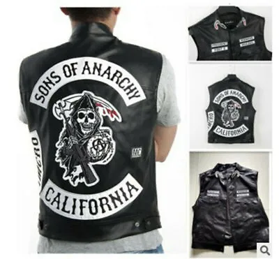 Buy New Mens Sons Of Anarchy Vest Leather Jacket Motorcycle SOA Vests Jackets Tops • 10.79£