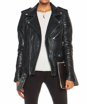 Buy Ladies Black Slim Fit Biker Lambskin Leather Moto Fashion Jacket Asymmetric Zip • 75£