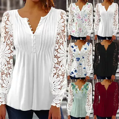 Buy Womens Sexy Lace Long Sleeve T Shirt Blouse Ladues Boho Floral Party Tunic Tops • 3.69£