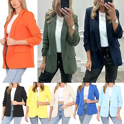 Buy Women Ladies Fully Lined Ruched Sleeve Blazer Collared Casual Fashion Jacket Top • 19.99£