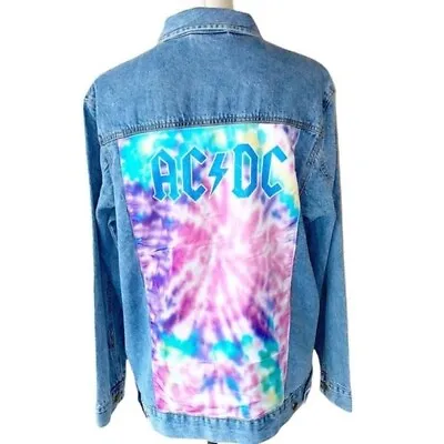 Buy NWT Women AC/DC Tie Dye Back Patch Denim Jacket Light Wash Blue Large  • 61.64£
