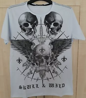 Buy White Skull Patterned T-shirt With Diamond Studs Size Large  • 18£
