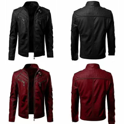 Buy Red Wine And Black Jacket Men's Slim Fit Biker Motorcycler New PU Leather Jacket • 37.63£