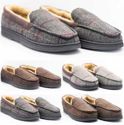 Buy Mens Miccasins Check Warm Faux Suede Sheepskin Fur Lined Winter Slippers Shoes • 9.95£