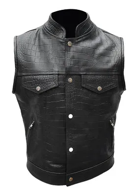Buy Mens Black Crocodile Print Real Leather Waistcoat Motorcycle Bikers Vest Jacket • 61.59£