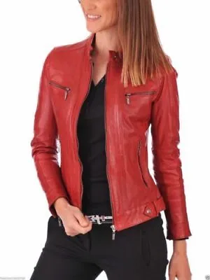 Buy Women Slim Fit Handmade  Sheepskin Red Motorcycle Leather Jacket • 70.98£