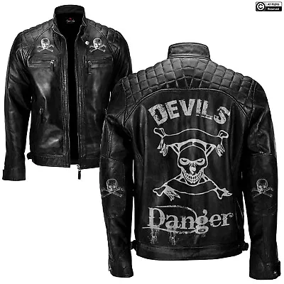 Buy Mens Black Distressed Bikers Motorcycle Cafe Racer Leather Jacket Skull Design • 999.99£