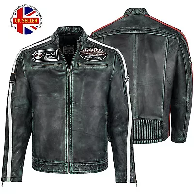 Buy Mens Cafe Racer Biker Leather Jacket Waxed Slimfit Motorcycle Leather Jacket Top • 39.99£