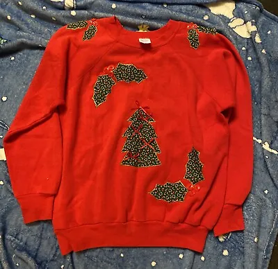 Buy Soft Christmas Sweater Sweatshirt Red Holly Tree Leaves Buttons Womens Large • 3.85£