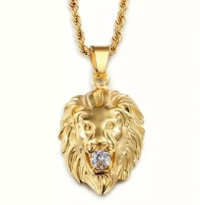 Buy Men's 18k Gold Plated Chain & Lion   Pendant With Zirconia, Party Jewellery  • 14.95£