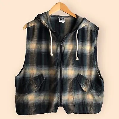 Buy Vintage 80s 90s Mixed Blues Clothing Plaid Hooded Flannel Full Zip Vest Unisex M • 28.34£