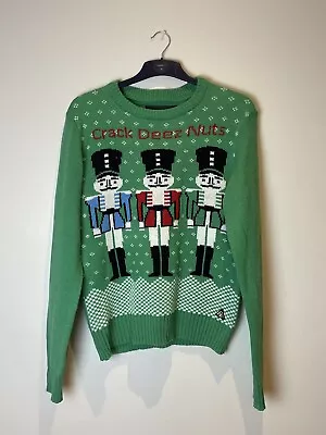 Buy Men’s American Stitch “Crack Deez Nuts” Cheerful Green Christmas Jumper Size L • 9.50£
