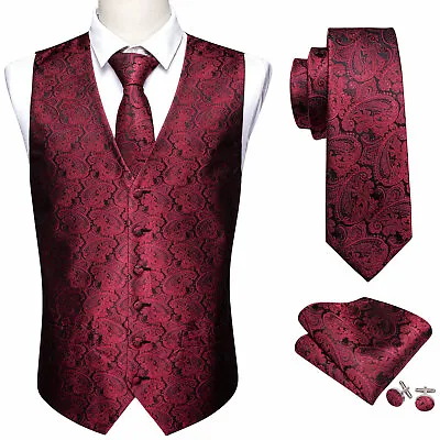 Buy Burgundy Red Paisley Mens Waistcoat Wedding Formal Vest Tie Set Gilet Jacket UK • 7.99£