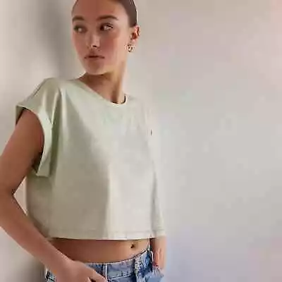Buy NEW Anthropologie ✨ M Shine Roll Sleeve Cropped T-Shirt (Glitter/green/mint) • 19.95£