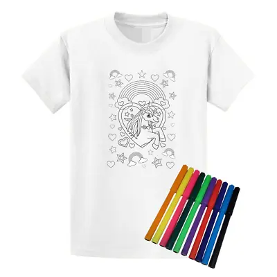 Buy Second Ave Unicorn White T-Shirt Colour In And Wash Out + 10 Pens Girls T Shirt • 9.95£