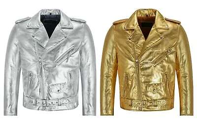 Buy Men's BRANDO SLIM-FIT Gold/Silver Foiled Leather Jacket Biker Racer Jacket SRMBF • 169.64£