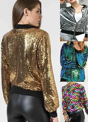 Buy Women Sequin Glitter Bomber Jacket Ladies Biker Festival Clubbing Party Club Top • 22.99£