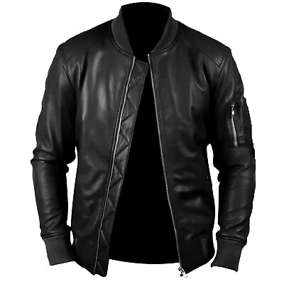 Buy Mens Soft Leather Vintage Bomber Jacket Biker Style Black Fashion Jacket • 84£
