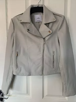 Buy Mango Medium Genuine Leather Beige Jacket With Gold Zips Size Worn Once • 35£